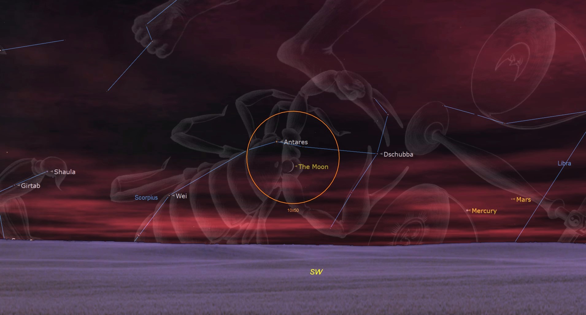 A constellation map showing the Scorpius constellation with an orange circle in the middle showing a labeled Antares star near the moon icon showing the moon