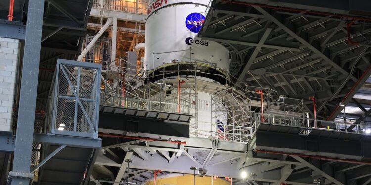 Orion installed on SLS as Artemis 2 preparations continue during shutdown