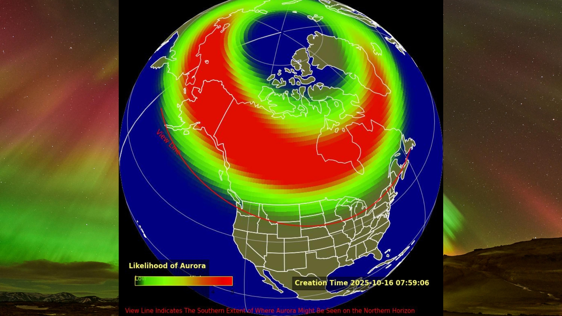 graphic showing the aurora forecast map and where in the US auroras might be visible tonight.