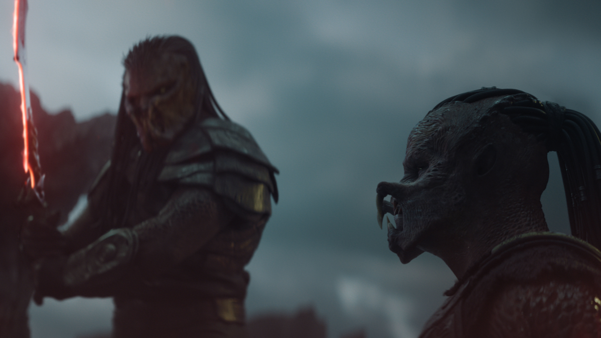 (L-R) Kwei (Mike Homik) and Dek (Dimitrius Schuster-Koloamatangi) in 20th Century Studios' PREDATOR: BADLANDS film. Photo courtesy of 20th Century Studios. &amp;copy; 2025 20th Century Studios. All Rights Reserved.