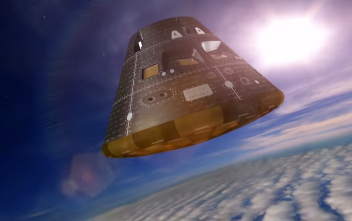 In this artist conception, NASA's Orion spacecraft re-enters the atmosphere after its first unmanned test flight.