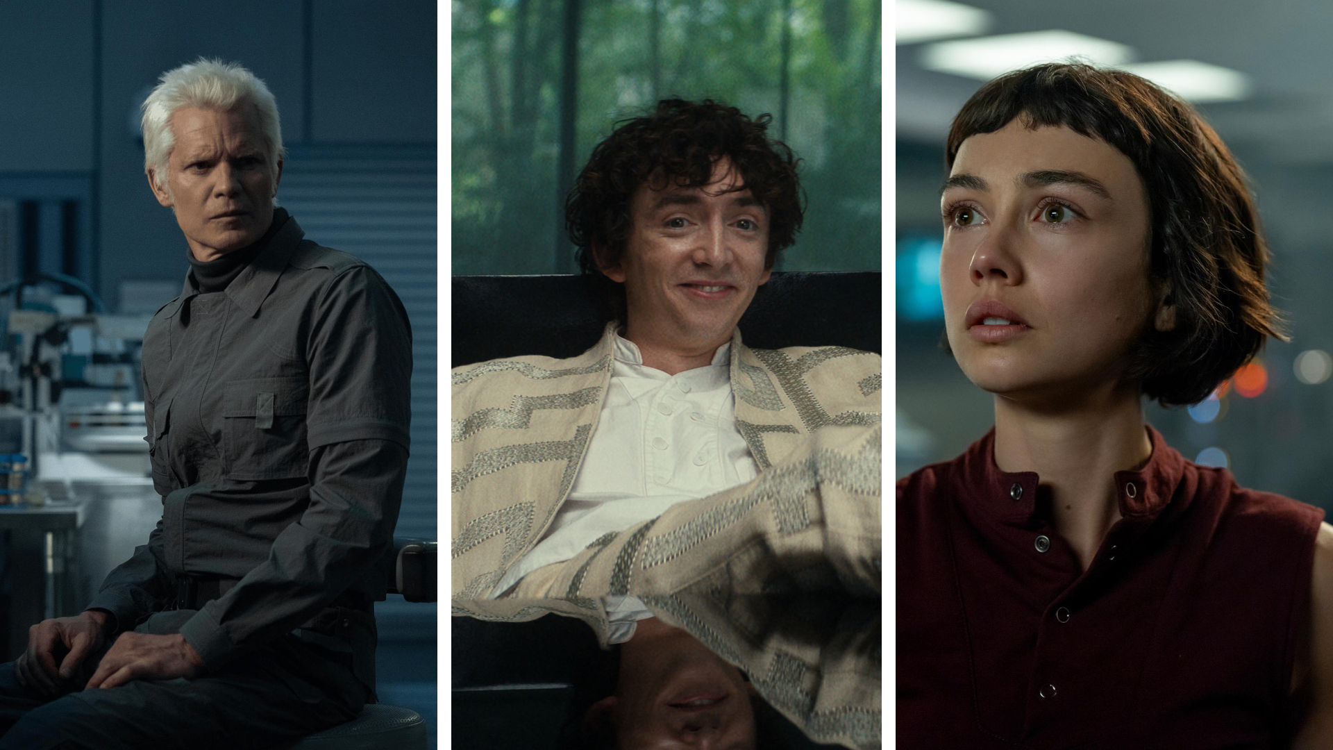 Split image showing three characters from Alien Earth. Left: Timothy Olyphant as Kirsh. Middle: Samuel Blenkin as Boy Kavalier. Right: Sydney Chandler as Wendy.