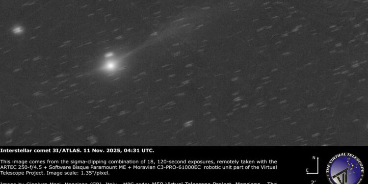 Watch interstellar comet 3I/ATLAS speed away from the sun in free telescope livestream on Nov. 16