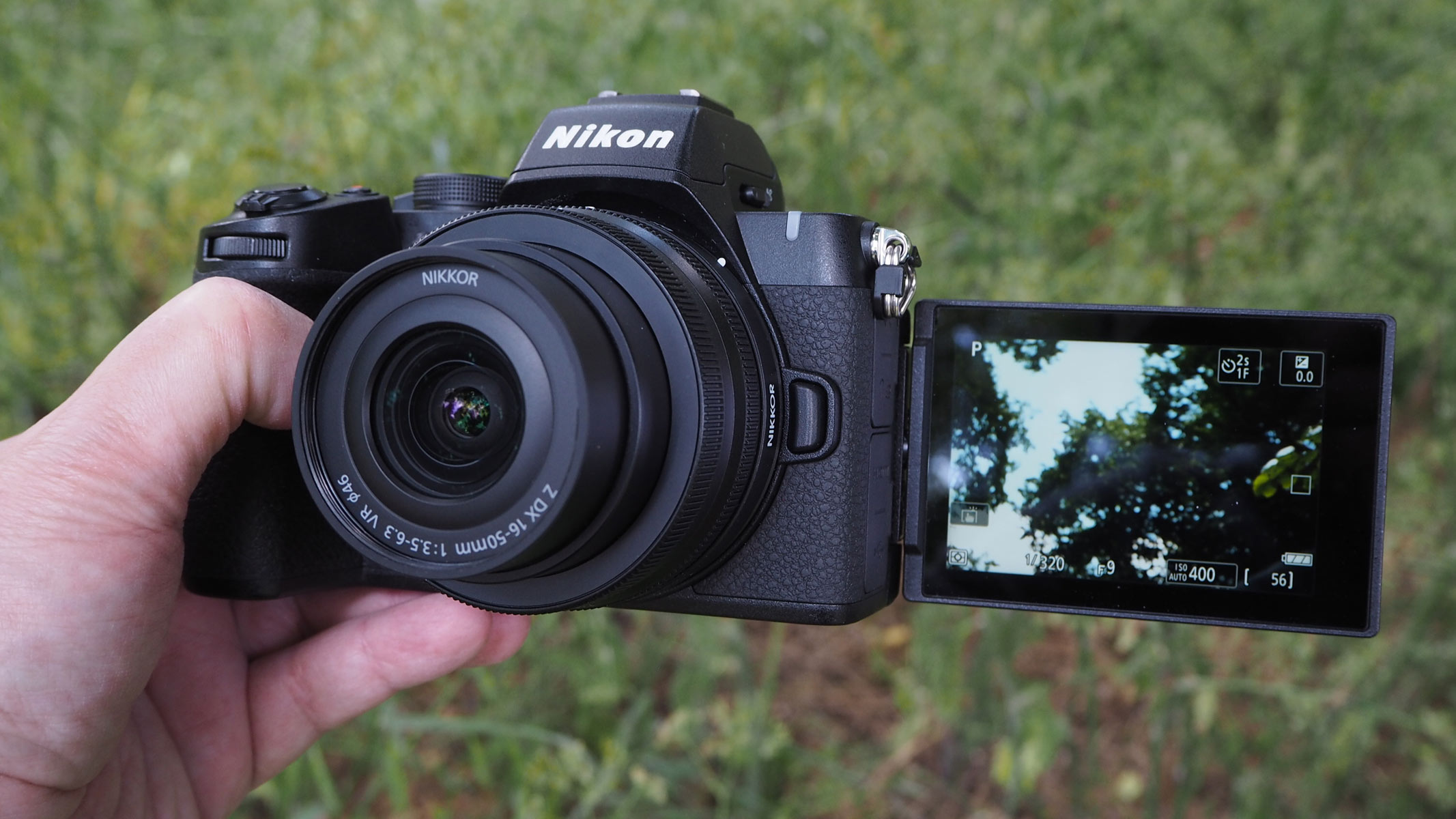 The front of the Nikon Z50 II with the screen tilted to the front.