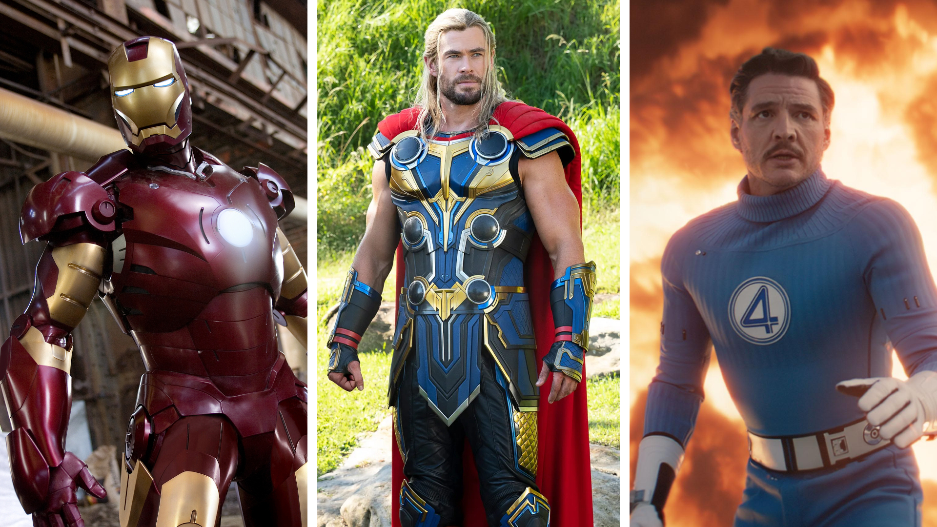Split image showing screenshots from three Marvel movies. Left: Iron Man, Middle: Thor: Love and Thunder, and Right: The Fantastic Four: First Steps
