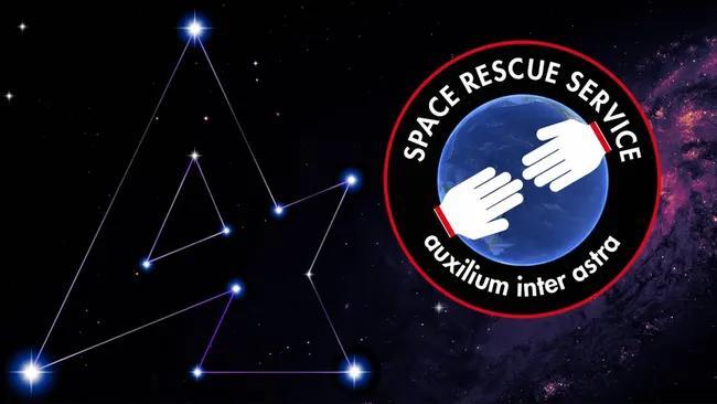 A circular logo in front of a starry background with the words &quot;space rescue service&quot; in white at the top