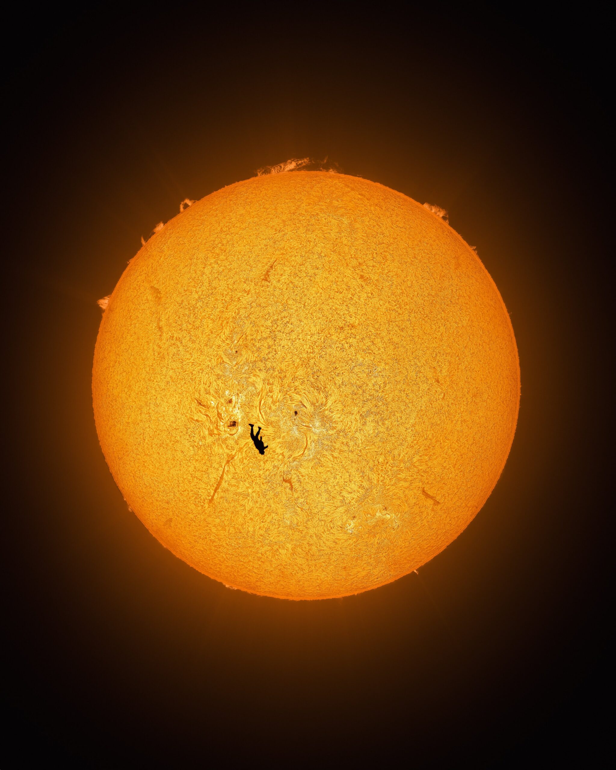 A silhouetted skydiver falls in front of the boiling sun.
