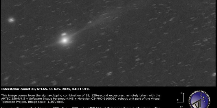 Interstellar comet 3I/ATLAS’s tail is still growing, new image shows