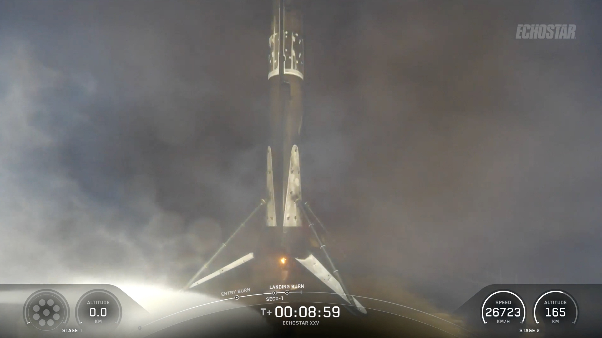 a black and white rocket stands on the deck of a ship at sea at night