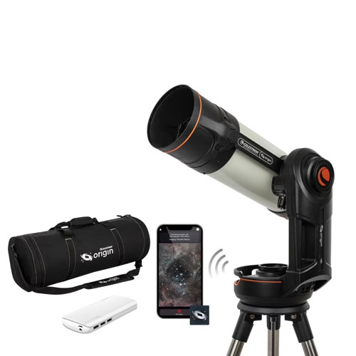 The Celestron Origin Mark II telescope with a phone, carry bag and controller on a white background.