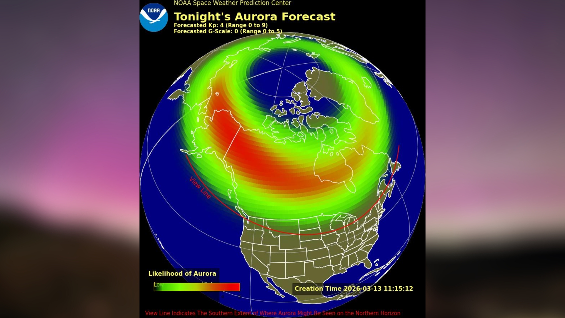 a map of the US with the aurora viewline showing which 9 states auroras could be visible from tonight.