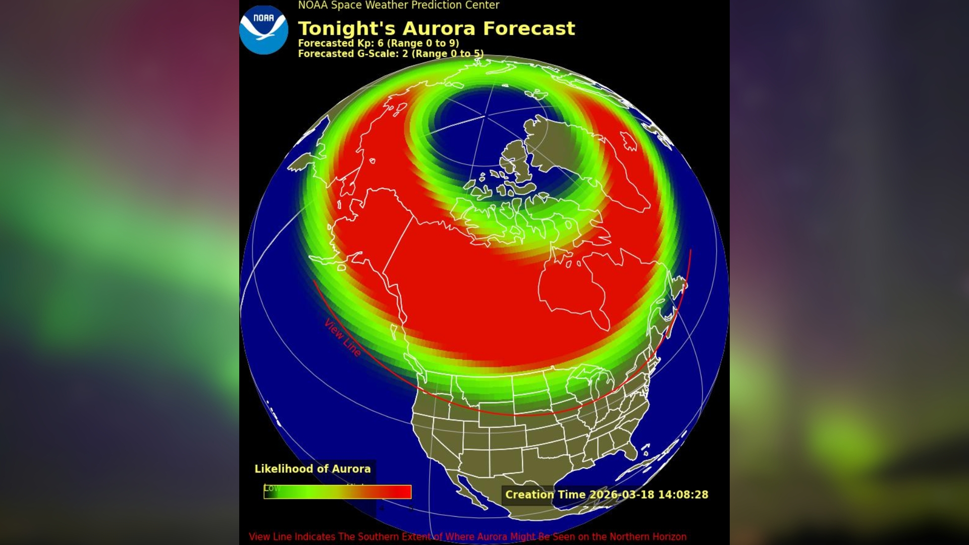 graphic displaying a map showing 16 us states with the aurora view line appearing either fully or partially in.