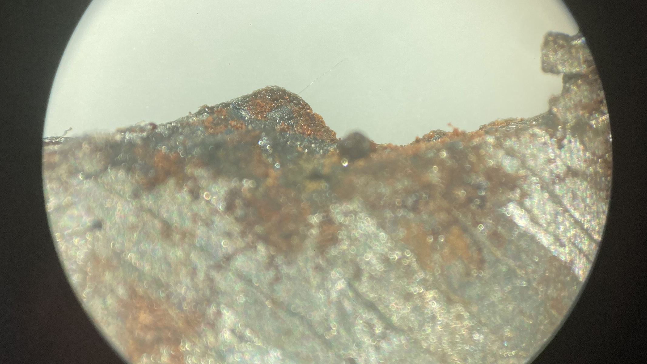 The jagged edge of a meteorite slice, under a microscope.