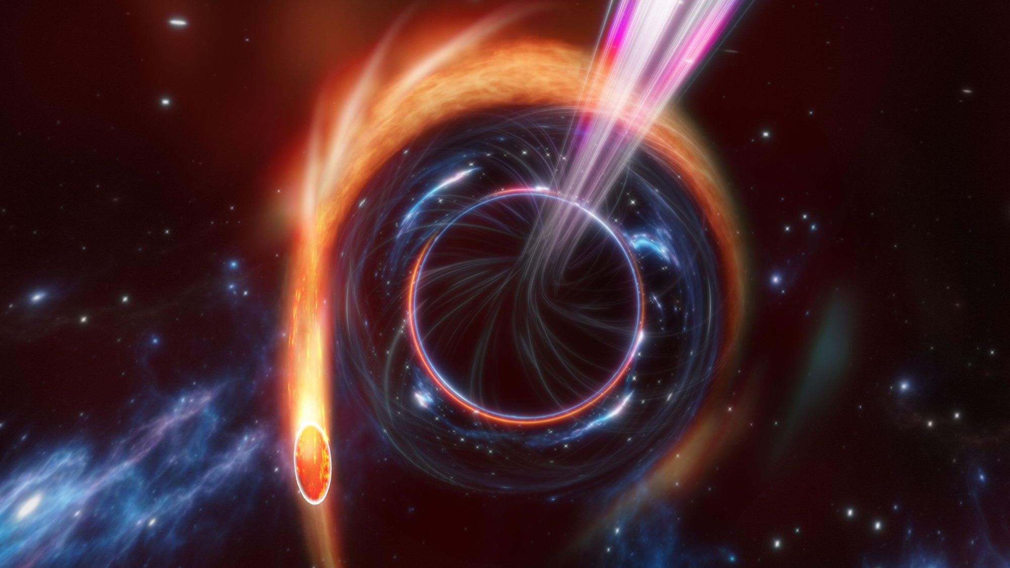 An artist's depiction of a supermassive black hole blasting out a jet of &amp;quot;leftovers&amp;quot; as it devours a star. It looks like a dark circle at the center surrounded by a warped yellow orb. There's a bright pink beam shooting out of the dark circle.