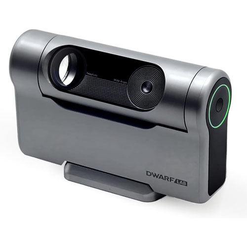 A Dwarflab Dwarf 3 camera, siler with a green circle surrounding the lens.
