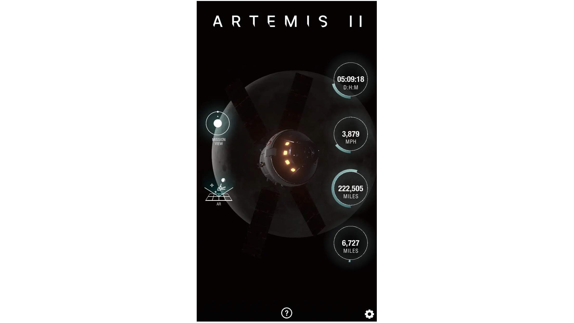 diagram showing a spacecraft near the moon, with velocity and distance numbers on the right