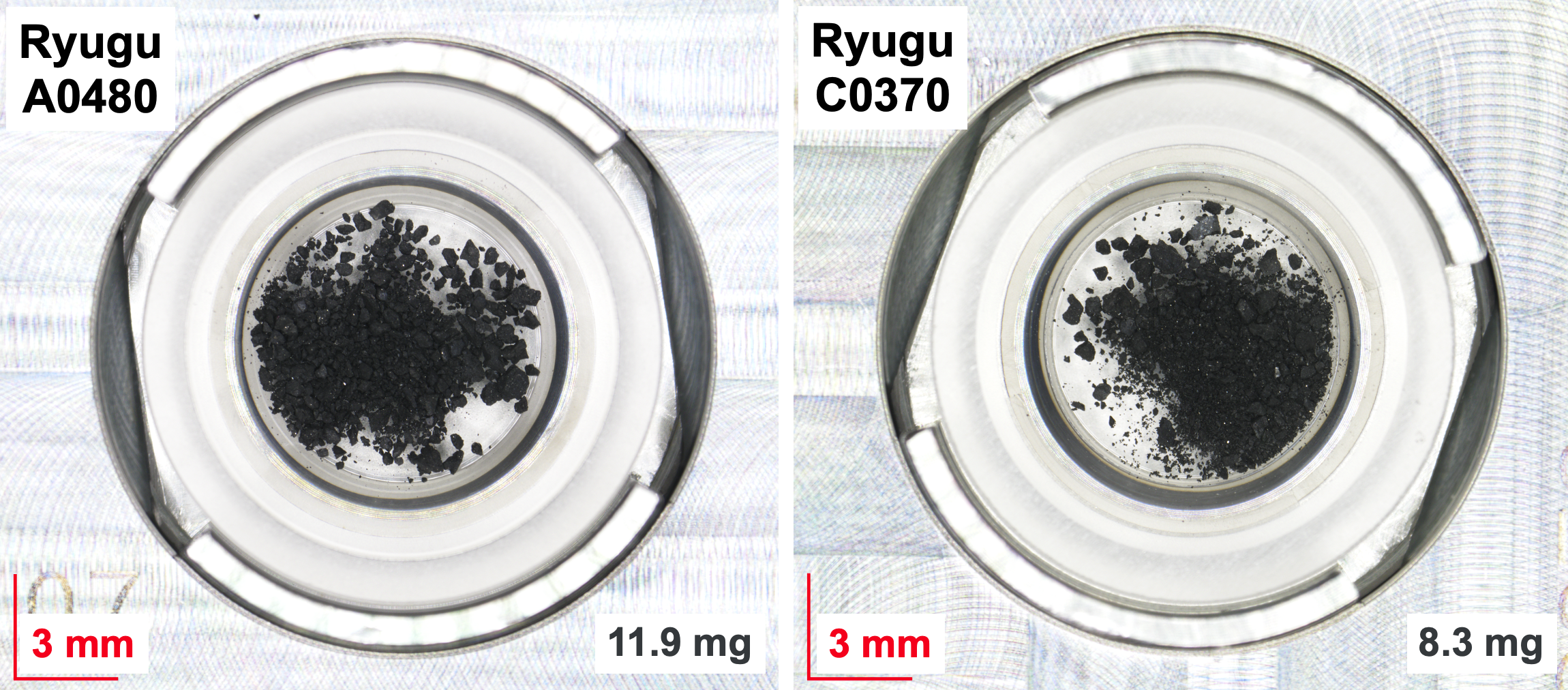 Two views of a container (from above) where it looks like tiny black specks are in a glass bottle.