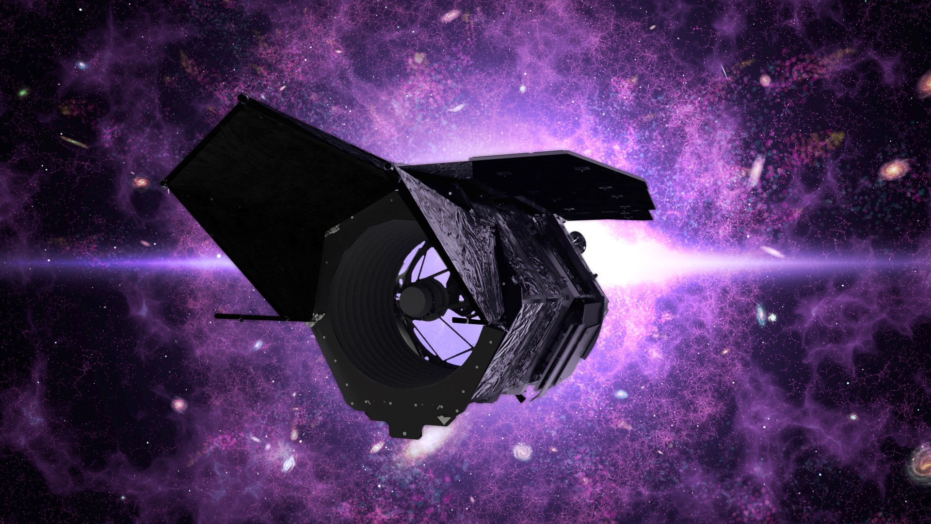 an illustration of the Nancy Grace Roman Space Telescope in deep space