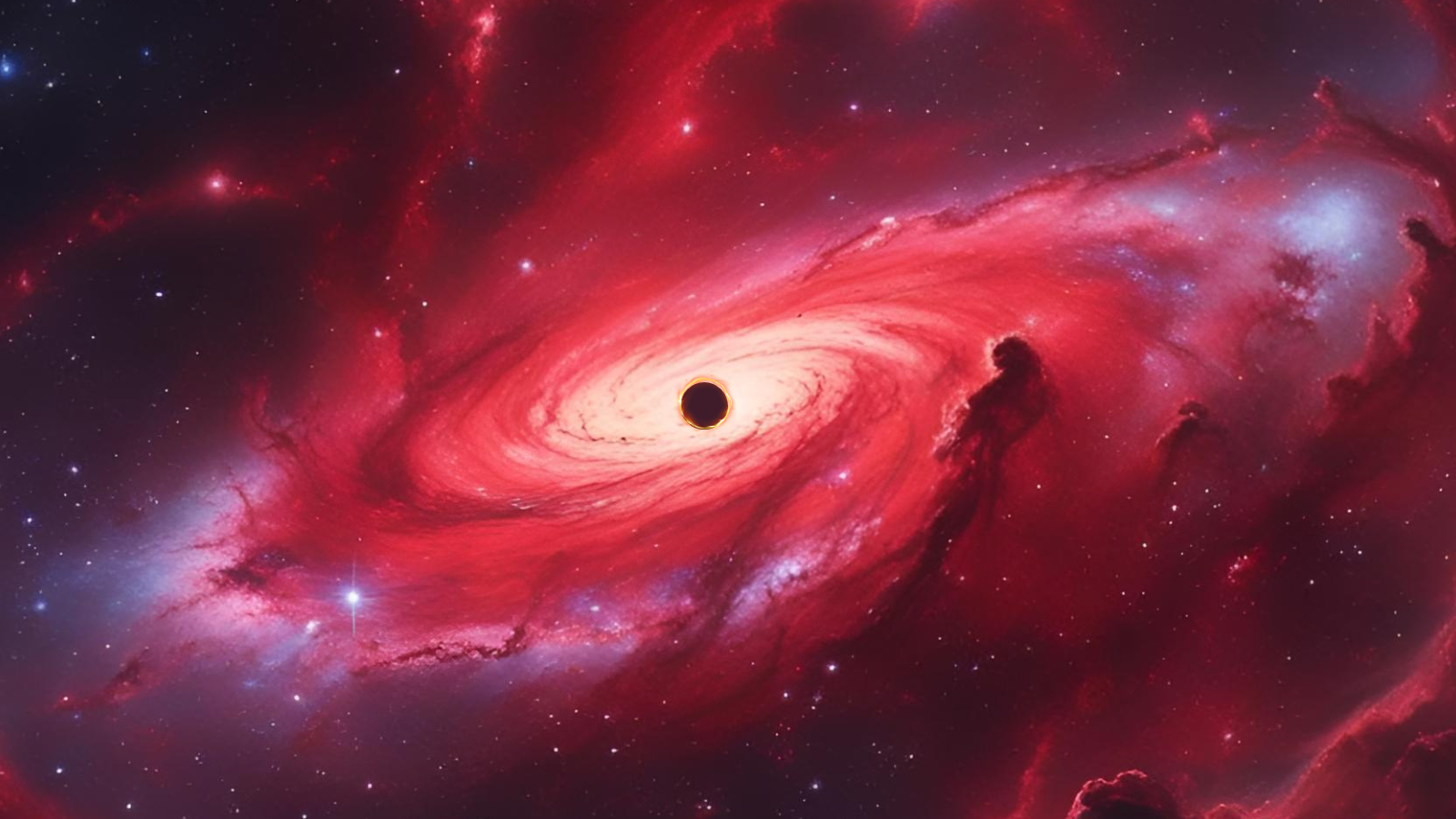 A black circle in the center of the image with swirls of red and purple clouds around it.