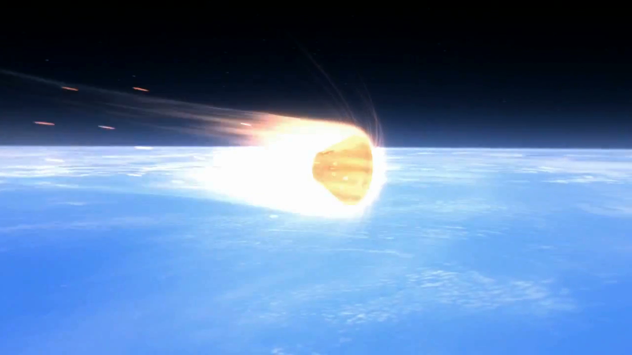 An artist's impression of the Orion capsule streaking through the atmosphere.