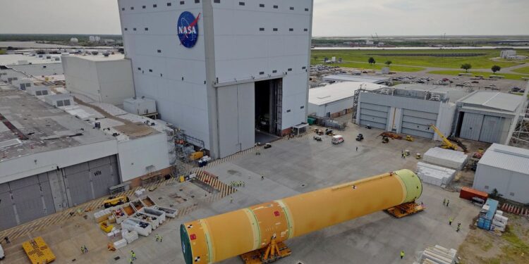 NASA rolls out Artemis 3 SLS rocket’s huge core stage to gear up for 2027 launch (photo)
