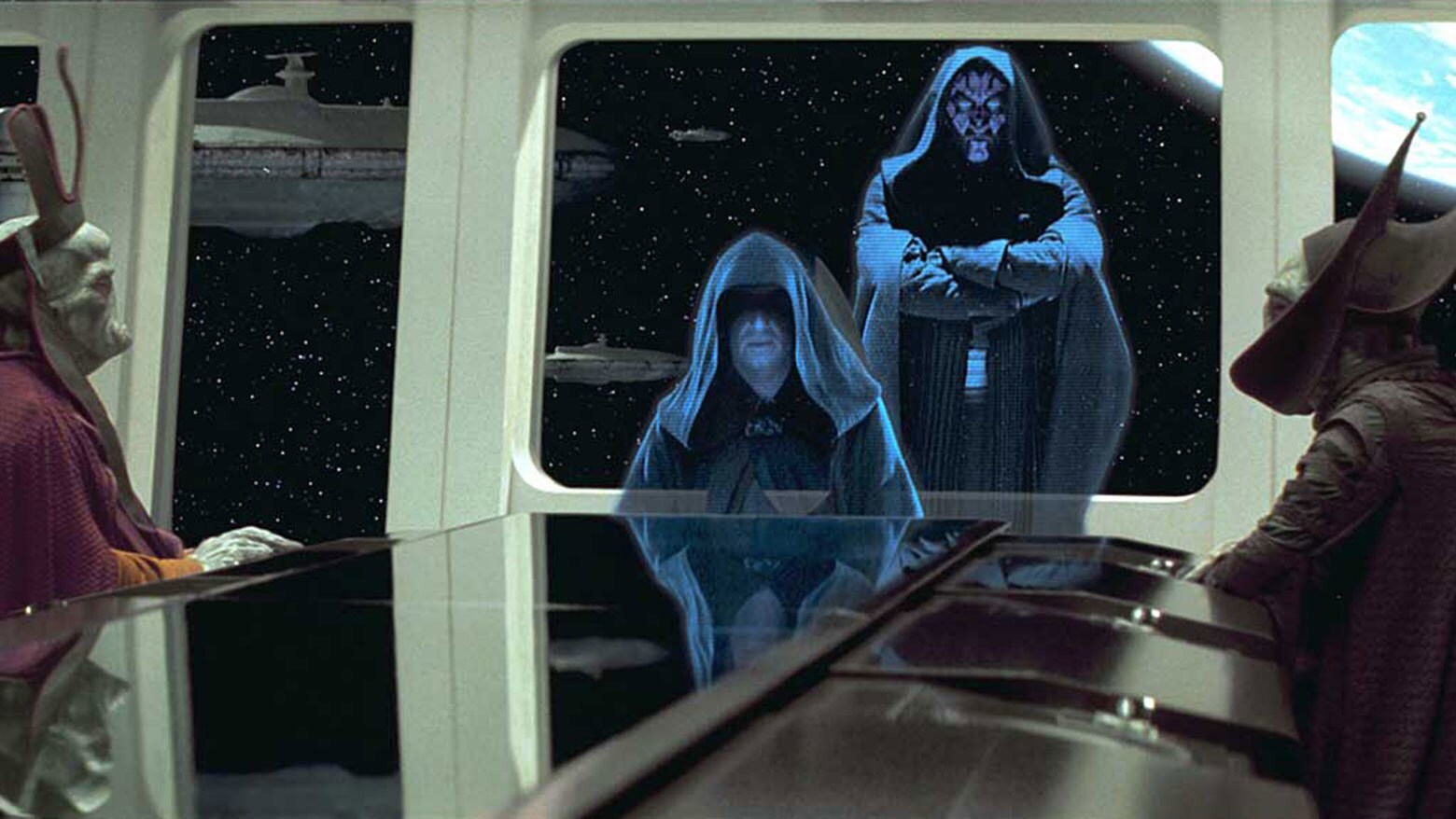 Holograms of Darth Maul and Darth Sidious in Star Wars: The Phantom Menace.