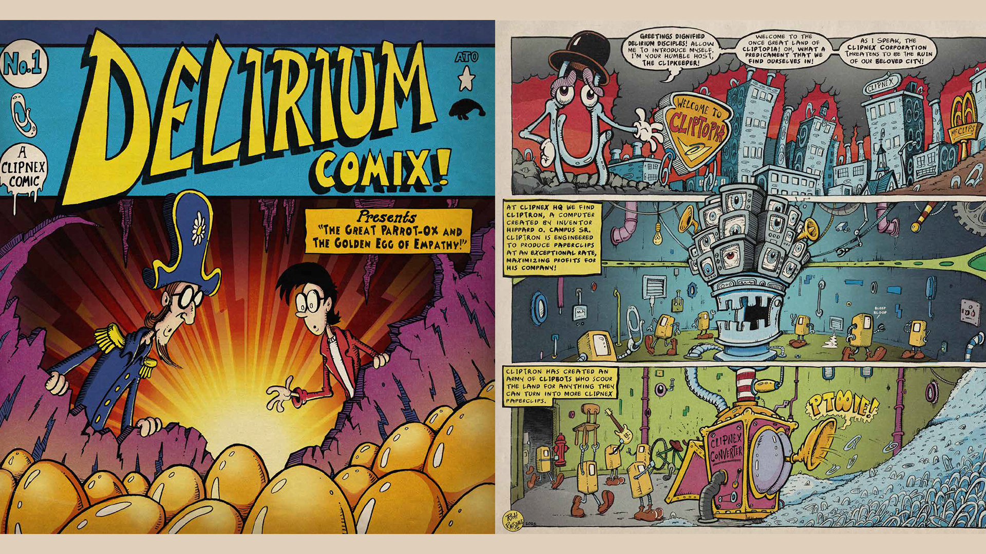 a page of a comic strip showing a cartoonish city skyline covered in paperclips