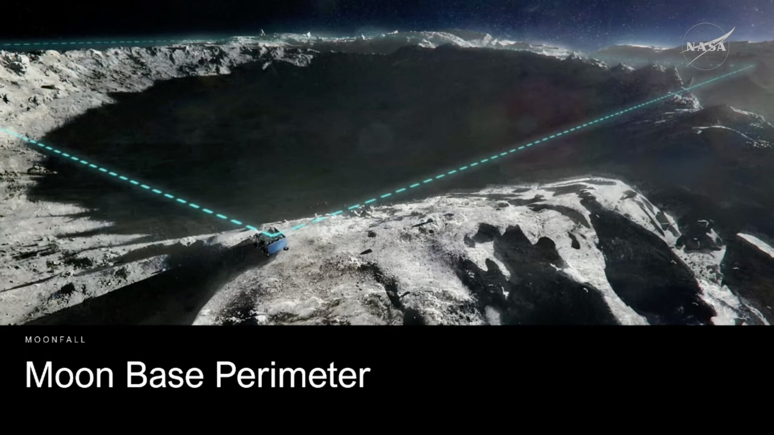 Artist's impression of a NASA MoonFall drone helping to mark the perimeter of the agency's planned lunar base.