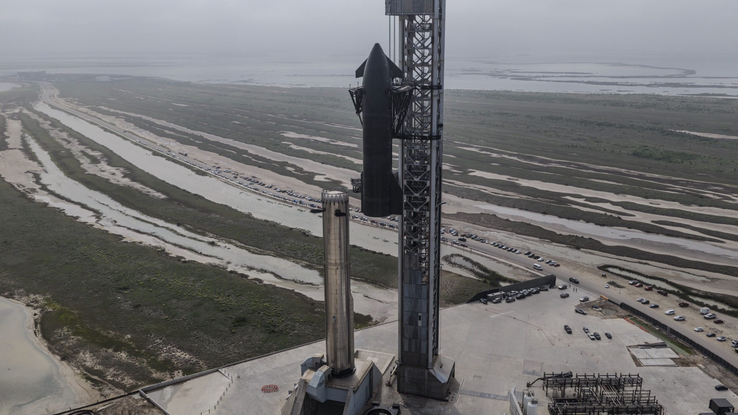 SpaceX stacks its first V3 Starship vehicle on the pad at Starbase, Texas, ahead of its debut flight. SpaceX posted this photo on X on May 19, 2026.