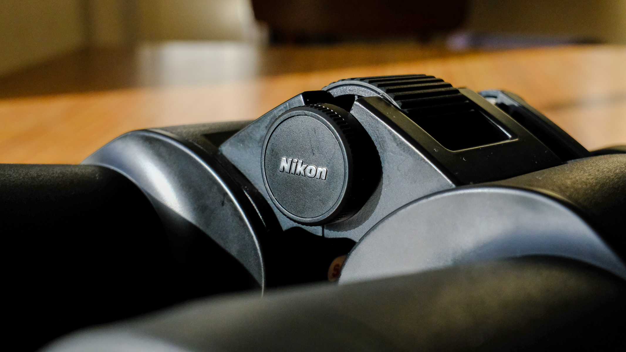 The Nikon logo on the Nikon Action 7x50 binoculars.